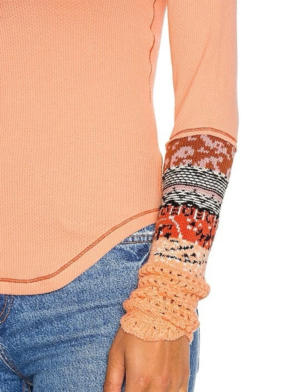 Free People In The Mix Cuff Thermal Top Desert Orange Combo Boho Women L